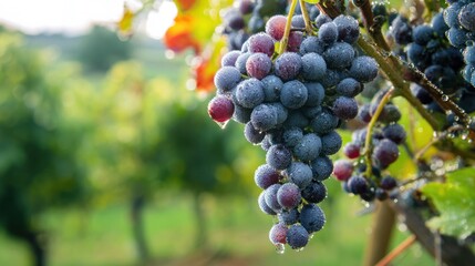 Ripe Dolcetto grapes in close-up with dew drops, set against a sunlit vineyard background. menu design.