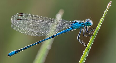 Close up of a blue dragonfly resting on a green plant stem outdoors
