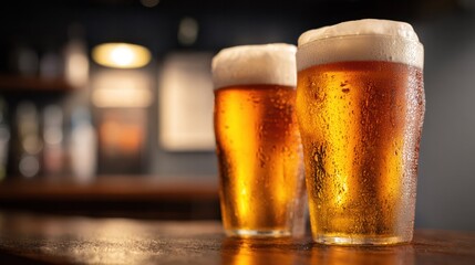 Two glasses of golden beer with frothy heads on a dark counter. bar promotions, beverage menus, designed for product packaging and bar promotions, used by travel agents.