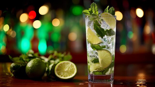 A mojito cocktail with lime and mint leaves on the bar counter in a night club, against a green color background, with a blurred background.