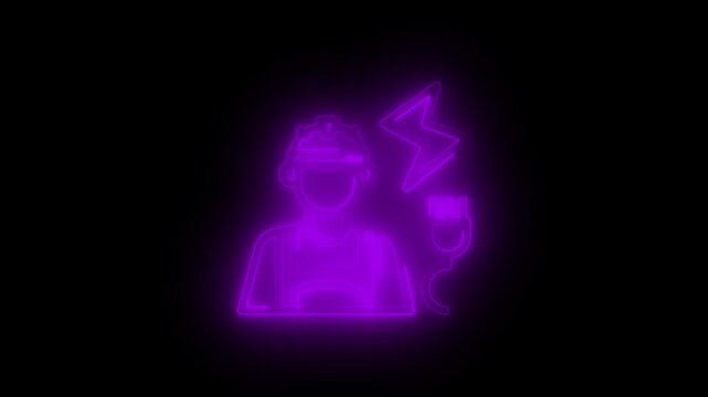 Glowing pink Neon Electrician Worker Icon with Lightning Plug on Black Background