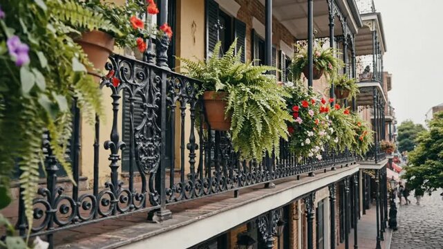 Balconies of historic buildings adorned with lush hanging plants and flowers in a charming city