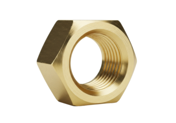 Extreme macro shot of a heavy-duty hexagonal brass nut, focused on the precision internal female threading, against a transparent background for copy space. concept of industrial precision