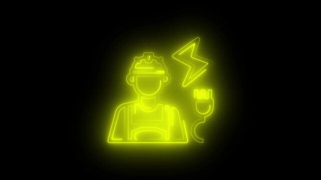 Glowing Yellow Neon Electrician Worker Icon with Lightning Plug on Black Background