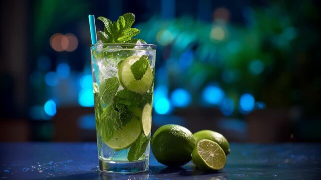 A mojito cocktail with lime and mint leaves on the bar counter in a night club, against a green color background, with a blurred background.