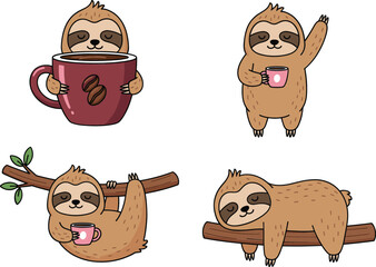 Obraz premium Cute sloth character set drinking coffee hanging resting poses cartoon tropical animal mascot vector illustration