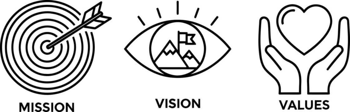 Minimalist icons representing mission, vision, and values Vector