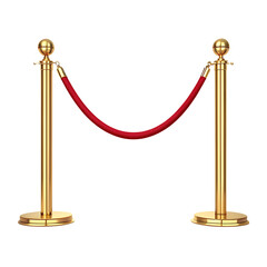 3D illustration of a luxury red carpet entrance with velvet rope barriers and gold stanchions isolated on a white background for an exclusive VIP movie premiere or gala event celebration