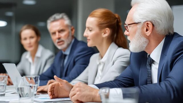 Corporate Collaboration: A team of diverse business leaders engage in a focused meeting around a conference table.