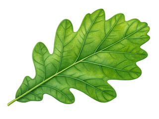 A fresh green oak leaf showing detailed macro texture and natural foliage pattern is isolated on a white background to highlight the bright botany of the summer tree branch