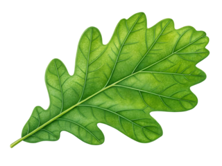 A fresh green oak leaf showing detailed macro texture and natural foliage pattern is isolated on a white background to highlight the bright botany of the summer tree branch