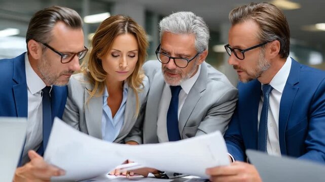 Strategic Analysis: A close-up of a focused business team, heads bent in concentrated study of documents, their collaborative efforts underscored by the seriousness of the situation. 
