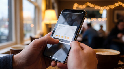 hands holding smartphone, customer giving five star rating review, cafe shop background, mobile app...