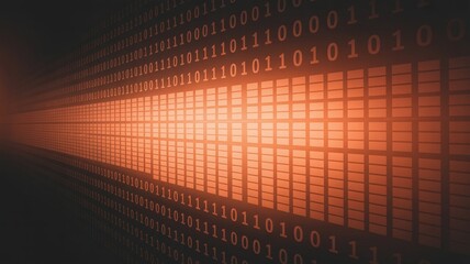 Vibrant binary code tunnel with glowing orange light