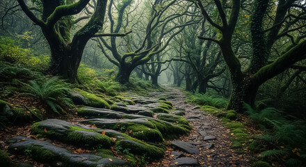 A stone path winding through a misty ancient forest with twisted green moss-covered trees.