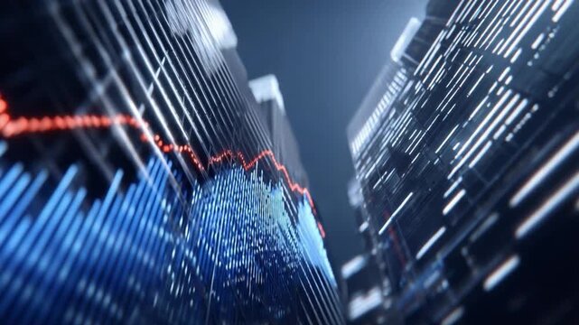 Global Finance: A dynamic, eye-level perspective of a metropolis comes to life, a red line indicating market fluctuation. This image showcases the constant activity of the financial world