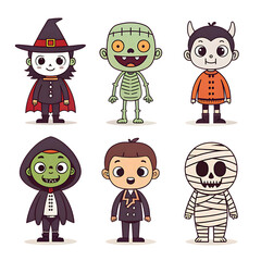 Set of cute cartoon Halloween monsters and funny zombie characters featuring children in fun costume styles as a vector illustration group for kids