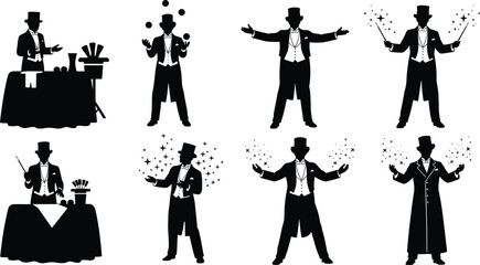 Magician performing stage tricks in classic tuxedo silhouette style, black vector illustration set showing magic show actions for entertainment, circus, and party design projects © Masuduzzaman