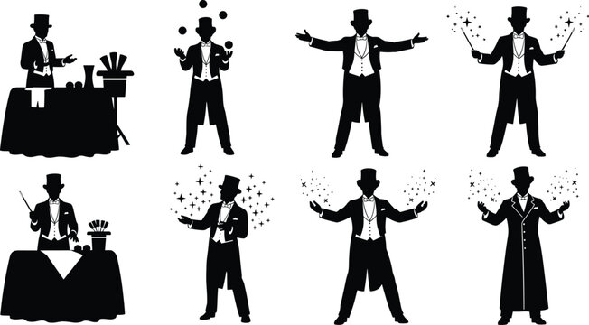 Magician performing stage tricks in classic tuxedo silhouette style, black vector illustration set showing magic show actions for entertainment, circus, and party design projects