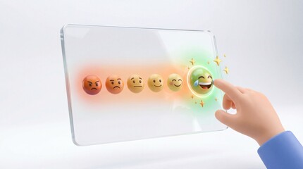 hand touching happy emoji rating, glassmorphism interface, red to green gradient scale, positive user experience review, emotion survey symbol.