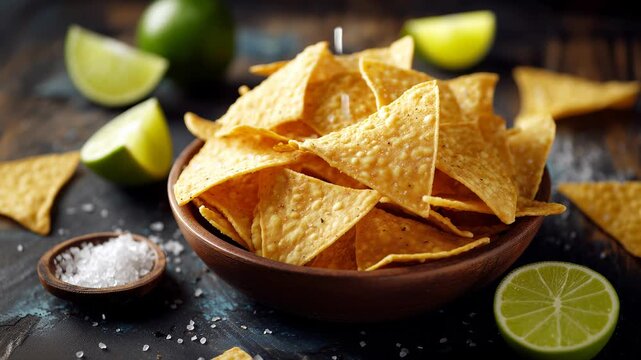 A bowl of tortilla chips with lime on the side, close up, on a light background.