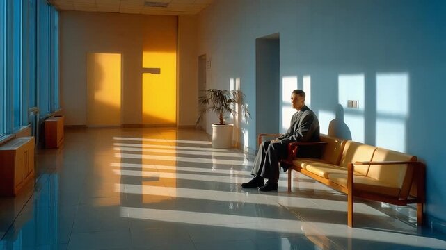 Solitary Reflection: In a sunlit corridor, a person sits deep in thought, bathed in the tranquil interplay of light and shadow, capturing a moment of contemplation.
