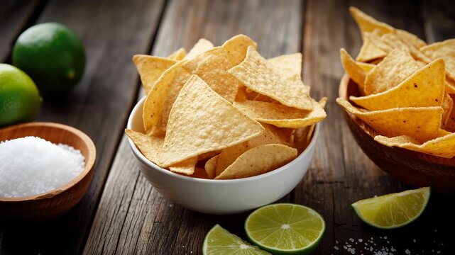 A bowl of tortilla chips with lime on the side, close up, on a light background.