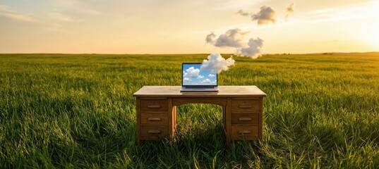 Laptop on desk in grassy field with clouds emerging from screen Concept of remote work, digital nomad, and cloud computing