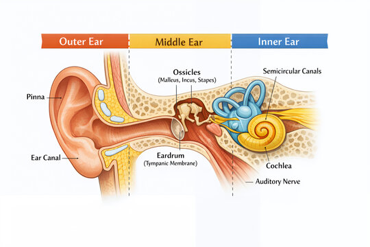 Illustrated Human Ear Anatomy Diagram Showing Outer Middle and Inner Ear with Labeled Parts