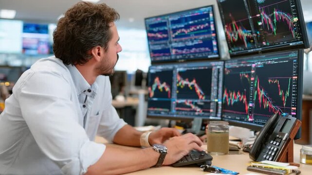 Finance Analyst's Insight: A focused analyst intently monitors financial data on multiple screens, diligently assessing market trends and making informed decisions in a dynamic trading environment.