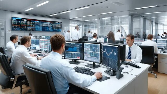 Market Analysis: A team of analysts diligently monitors multiple computer screens displaying complex financial data within a modern office setting, signifying the heartbeat of the market