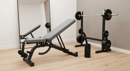 Home Gym Setup with Adjustable Bench, Barbell Rack, and Weight Plates on a Wooden Floor Against a White Wall with Mirror Reflecting the Exercise Equipment