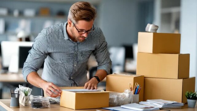 Online Business Preparation: A focused individual meticulously packages items at a desk, readying them for shipment, a picture of modern business and streamlined efficiency.