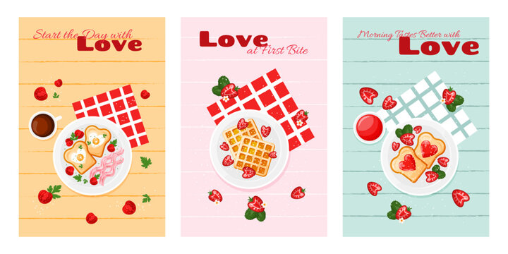 Vibrant poster collection with waffles with breakfast ideas. Lovely backdrops with food. Decorations for Valentines Day, backery, cafe, restaurant. Fruit biscuit waffles, fried eggs, toast, jam.Vector
