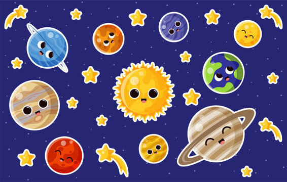 Set of space stikers isolated on dark blue cosmic background. Solar system sticker pack. Sun, Mercury, Venus, Earth, Mars, Jupiter, Saturn, Uranus, Neptune. Cartoon style. Flat design.Vector design