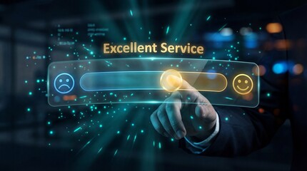 Glowing hologram feedback bar, abstract blue tech background, excellent service text, modern business rating system, virtual touch screen interaction, neon particle effect, for app, design, communicat