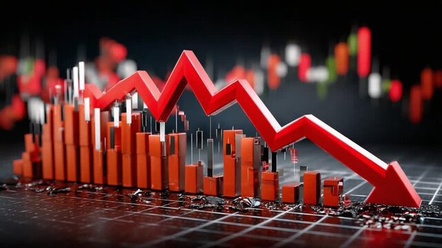 Financial Decline Visualized: A stark visualization of a financial downturn, symbolized by a red arrow piercing downward, underscores the concept of loss, economic crisis, and market volatility.