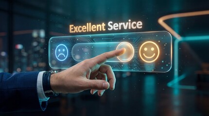 Excellent service customer satisfaction rating concept, businessman hand touching digital slider to happy face, futuristic holographic user interface, 3d render, glowing neon technology background.