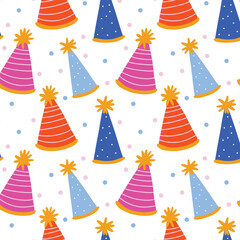 Childish seamless pattern with funny holiday hats and confetti suitable for kids birthday, carnival, new year and anniversary. Endless decorative print for nursery wallpaper and fashion fabric. © Avijit Artworks