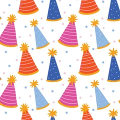 Childish seamless pattern with funny holiday hats and confetti suitable for kids birthday, carnival, new year and anniversary. Endless decorative print for nursery wallpaper and fashion fabric. © Avijit Artworks