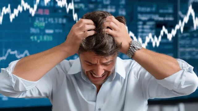 Financial Distress: A man in a blue shirt is in distress as he faces financial difficulties, his expressions portraying anxiety, stress, and worry.