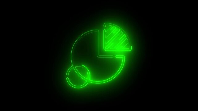 Glowing green Neon Pie Chart Analytics Icon on Black Background