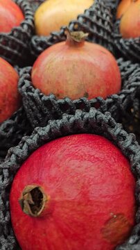 Vibrant Pomegranate: A close-up shot features a ripe, vibrant pomegranate, snugly nestled within its protective packaging, hinting at freshness and exotic flavor.