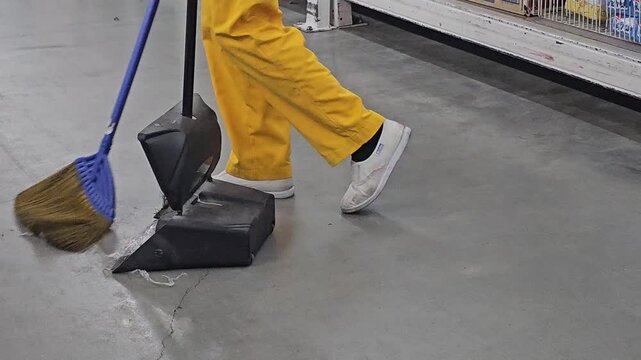 Maintaining Cleanliness: A person diligently sweeping the floor with a broom and dustpan, showcasing a commitment to a tidy environment.