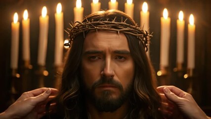 Cinematic close-up of Jesus Christ being crowned with thorns. A solemn portrait of suffering and sacrifice. The Passion of Christ and the concept of religious faith