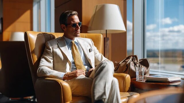 Refined Leisure: A sophisticated individual, impeccably dressed in a light-colored suit, relaxes in a sun-drenched lounge, embodying a sense of luxury and contentment. 