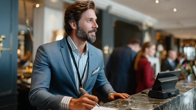 Receptionist at the Front Desk: A sharp receptionist, pen in hand, stands ready at a stylish front desk, a picture of professional service and hospitality, ready to welcome guests.
