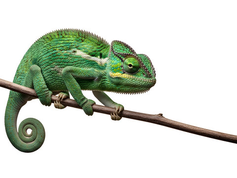 Green Chameleon on Tree Branch Isolated on Transparent Background