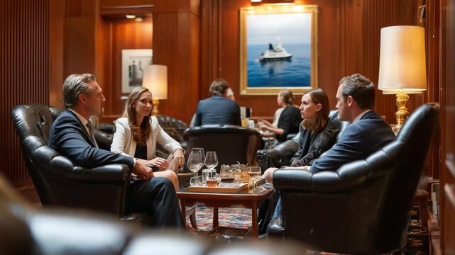 Business Networking in Luxury: A sophisticated scene unfolds as professionals engage in a lively discussion within a beautifully appointed, elegant interior. The scene hints at strategic partnerships.