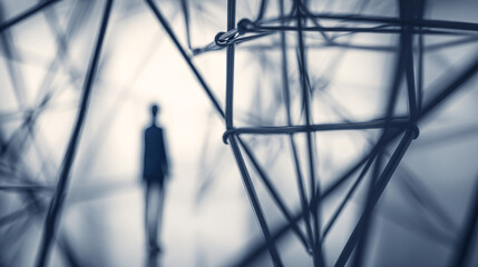 small human figure within large structured environment, abstract connection lines emphasizing scale and system dependency